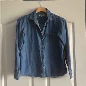 Denim chambray pearl-snap button-down shirt